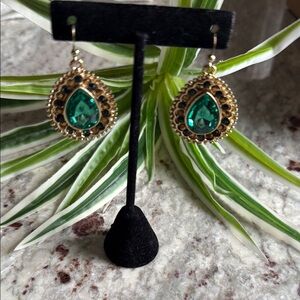 Gold Teardrop Emerald Crystal Drop Earrings